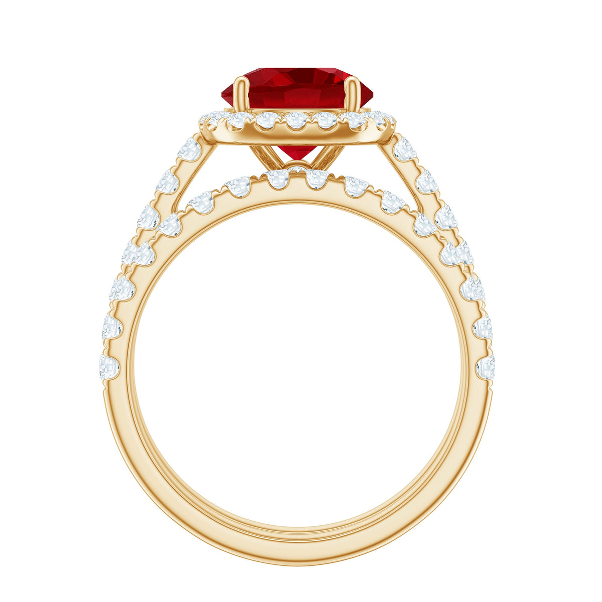 Anillo de compromiso con halo de rubí creado en laboratorio con anillo potenciador de moissanita