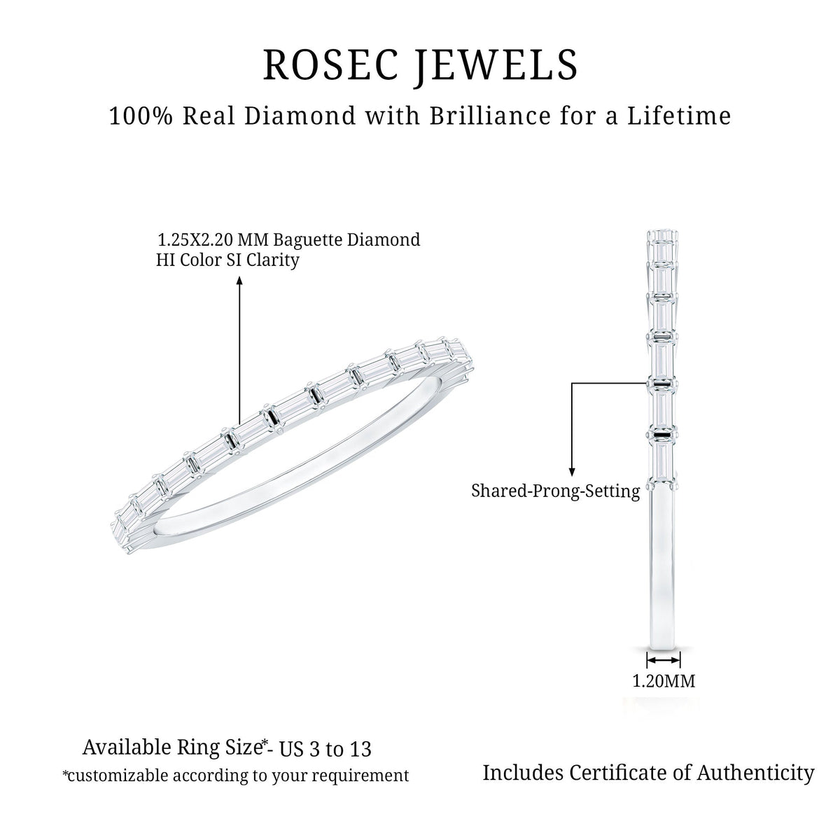 Baguette Cut Diamond Stackable Ring in Shared Prong Setting