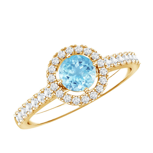 Anillo de compromiso de aguamarina natural certificada con halo de diamantes