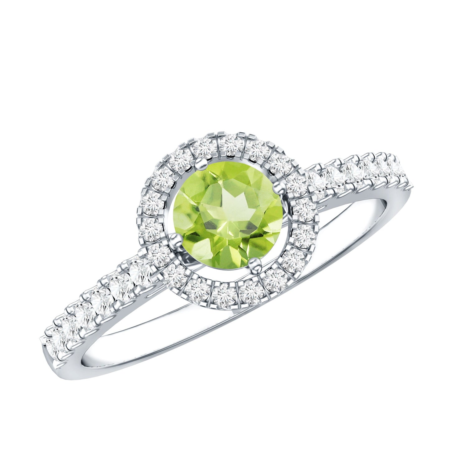 Anillo de compromiso genuino de peridoto de medio quilate con halo de diamantes