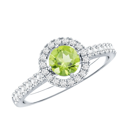 Anillo de compromiso genuino de peridoto de medio quilate con halo de diamantes