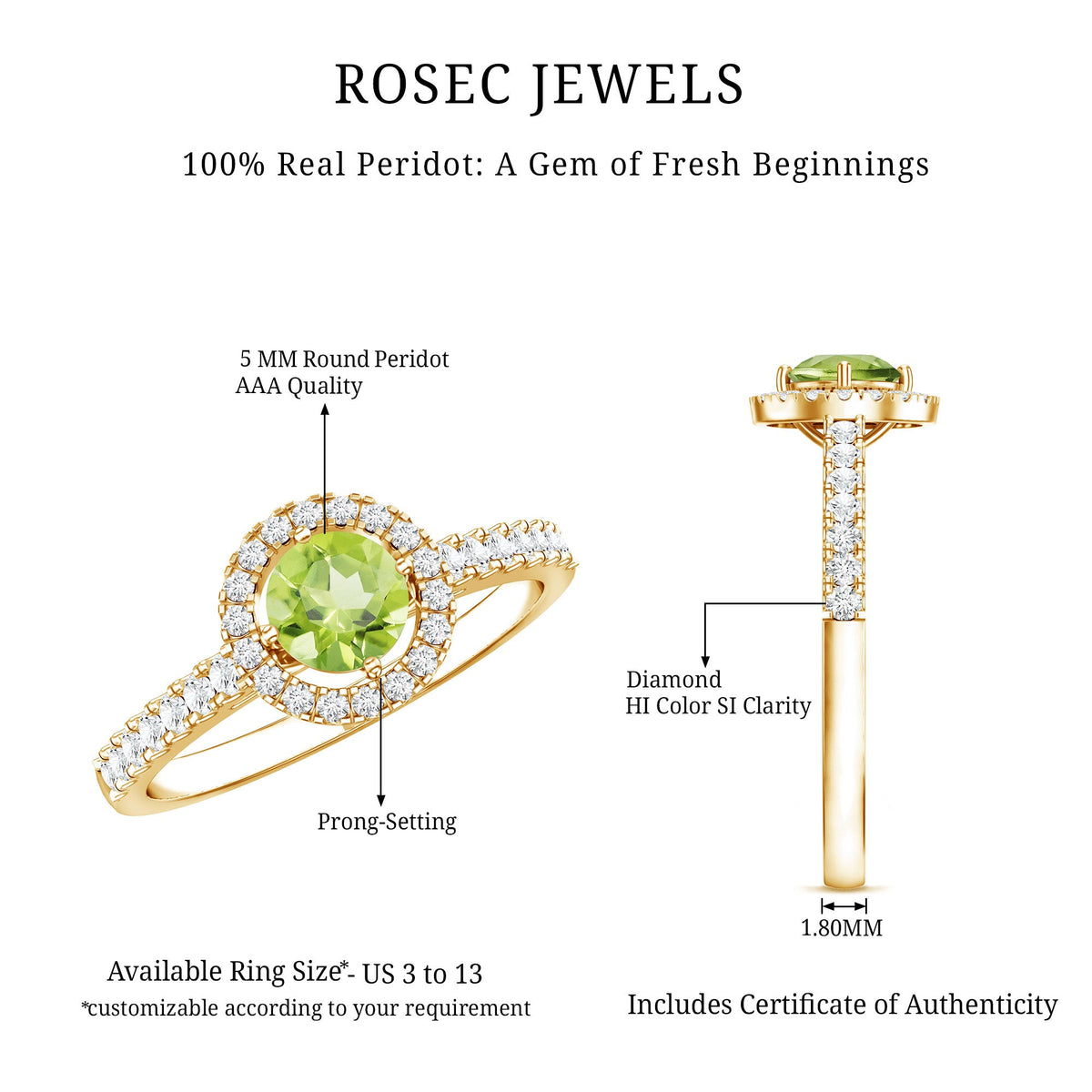Anillo de compromiso genuino de peridoto de medio quilate con halo de diamantes