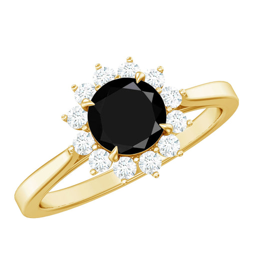 Anillo de compromiso de ónix negro de corte redondo y diamante para mujer
