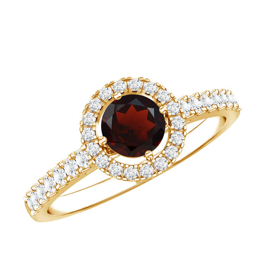 Anillo de compromiso minimalista de granate con halo de diamantes