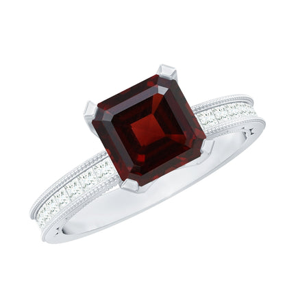 Anillo de compromiso de granate natural talla Asscher de 3,3 quilates con diamantes laterales