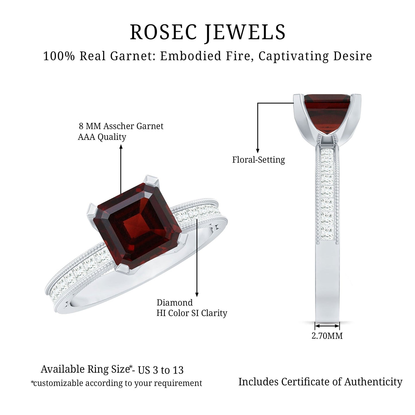 Anillo de compromiso de granate natural talla Asscher de 3,3 quilates con diamantes laterales