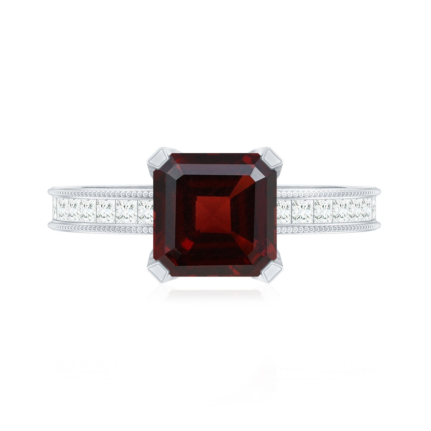 Anillo de compromiso de granate natural talla Asscher de 3,3 quilates con diamantes laterales