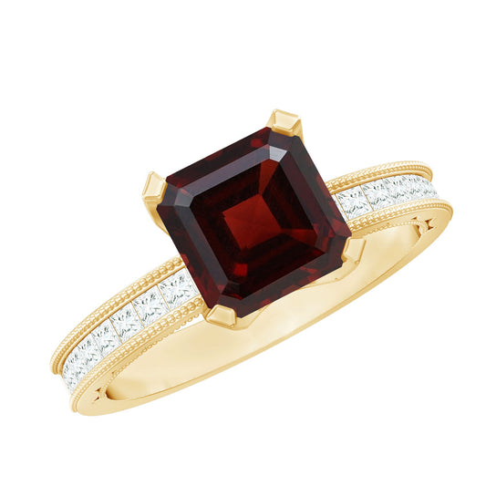 Anillo de compromiso de granate natural talla Asscher de 3,3 quilates con diamantes laterales
