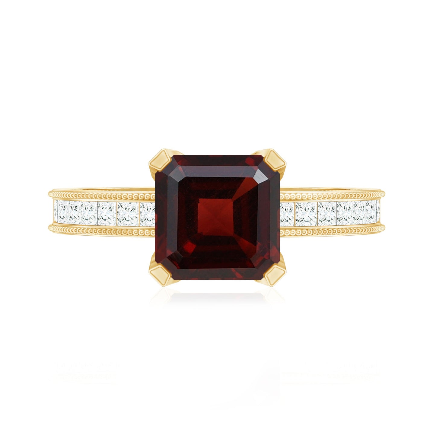 Anillo de compromiso de granate natural talla Asscher de 3,3 quilates con diamantes laterales