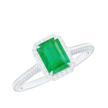 Anillo de compromiso de esmeralda natural de 1,2 quilates con halo de diamantes