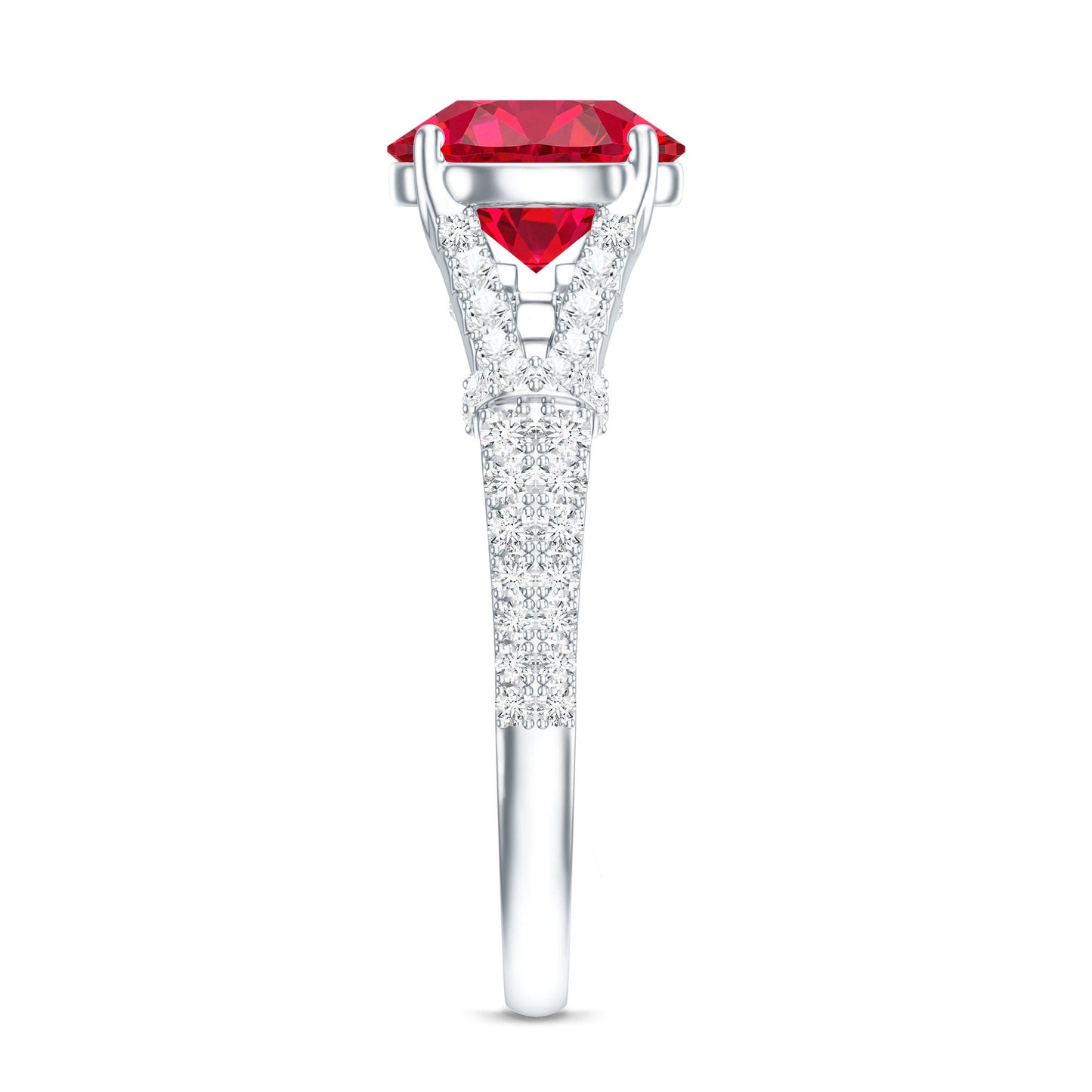 Anillo de compromiso de oro con rubí de laboratorio y diamante engastados en el brazo