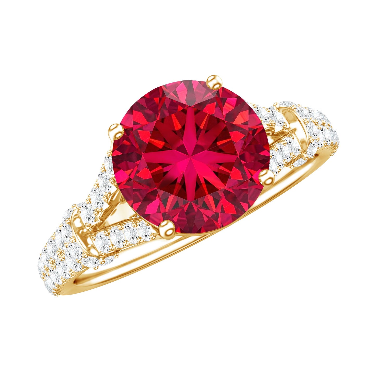 Anillo de compromiso de oro con rubí de laboratorio y diamante engastados en el brazo