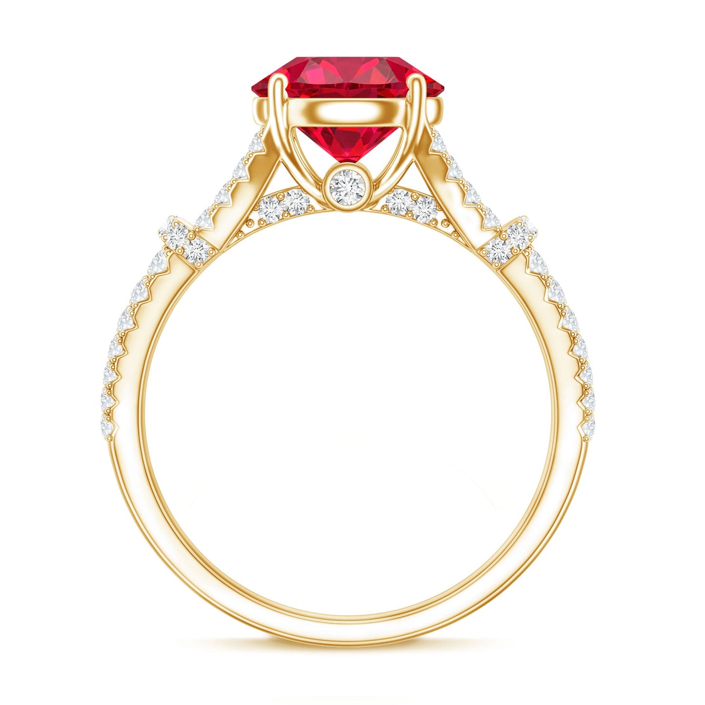 Anillo de compromiso de oro con rubí de laboratorio y diamante engastados en el brazo