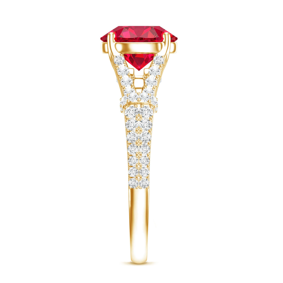 Anillo de compromiso de oro con rubí de laboratorio y diamante engastados en el brazo