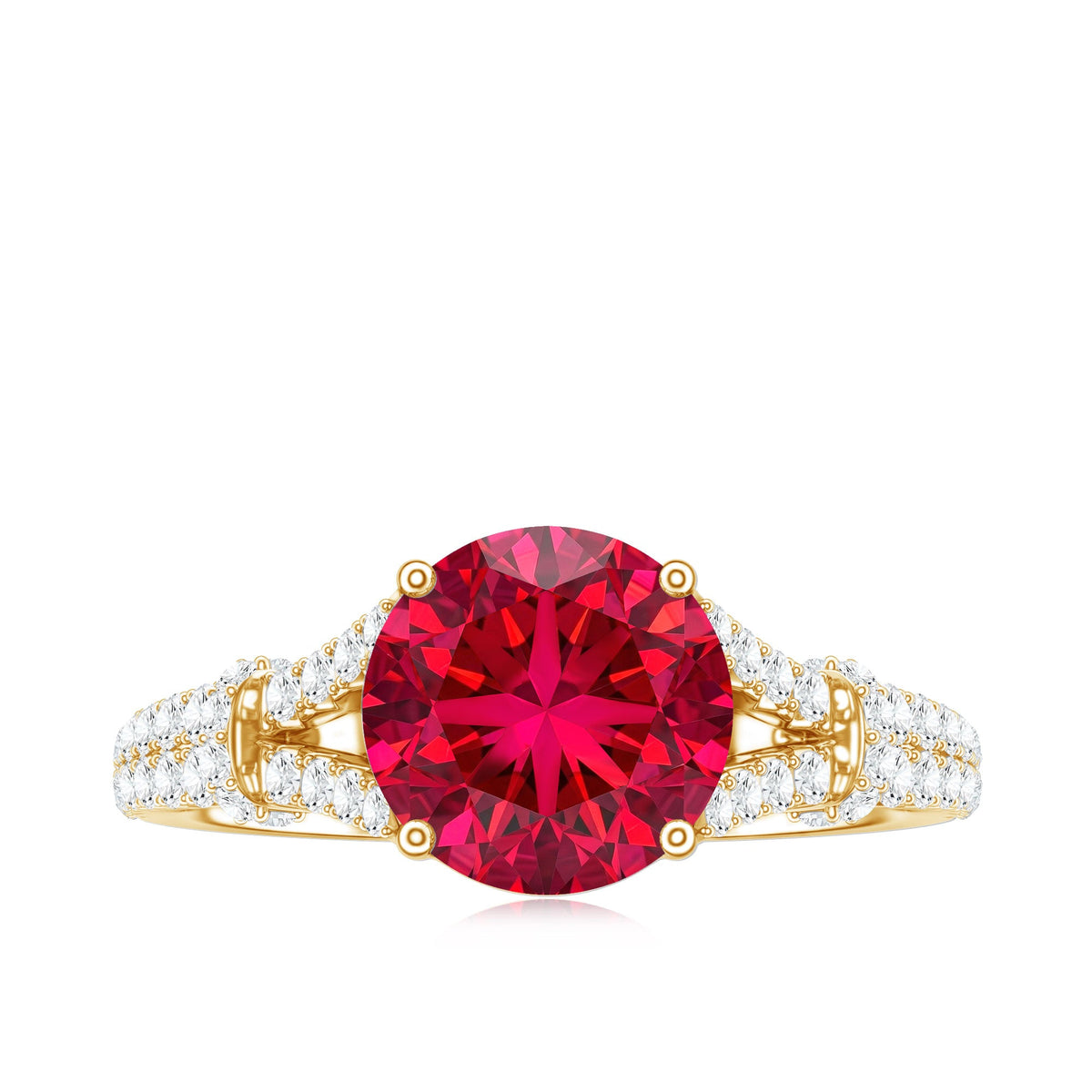 Anillo de compromiso de oro con rubí de laboratorio y diamante engastados en el brazo