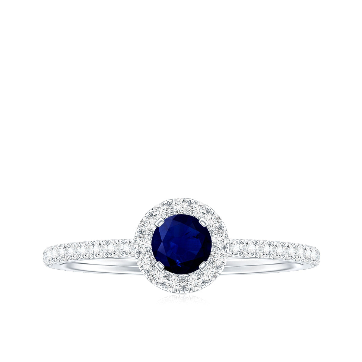 Anillo de compromiso minimalista con zafiro azul de 0,9 quilates y halo de diamantes