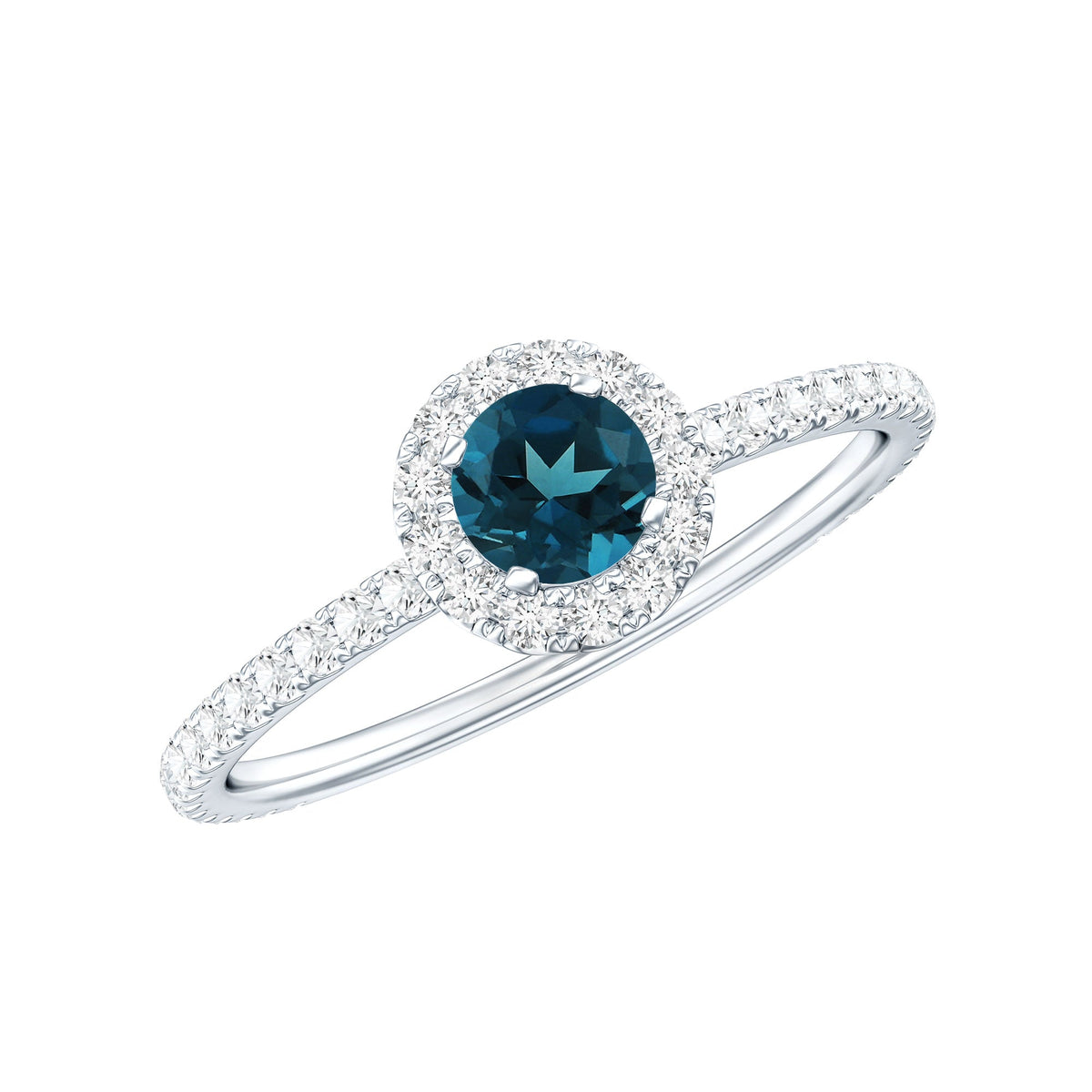 Anillo de compromiso minimalista con topacio azul de talla redonda y diamantes