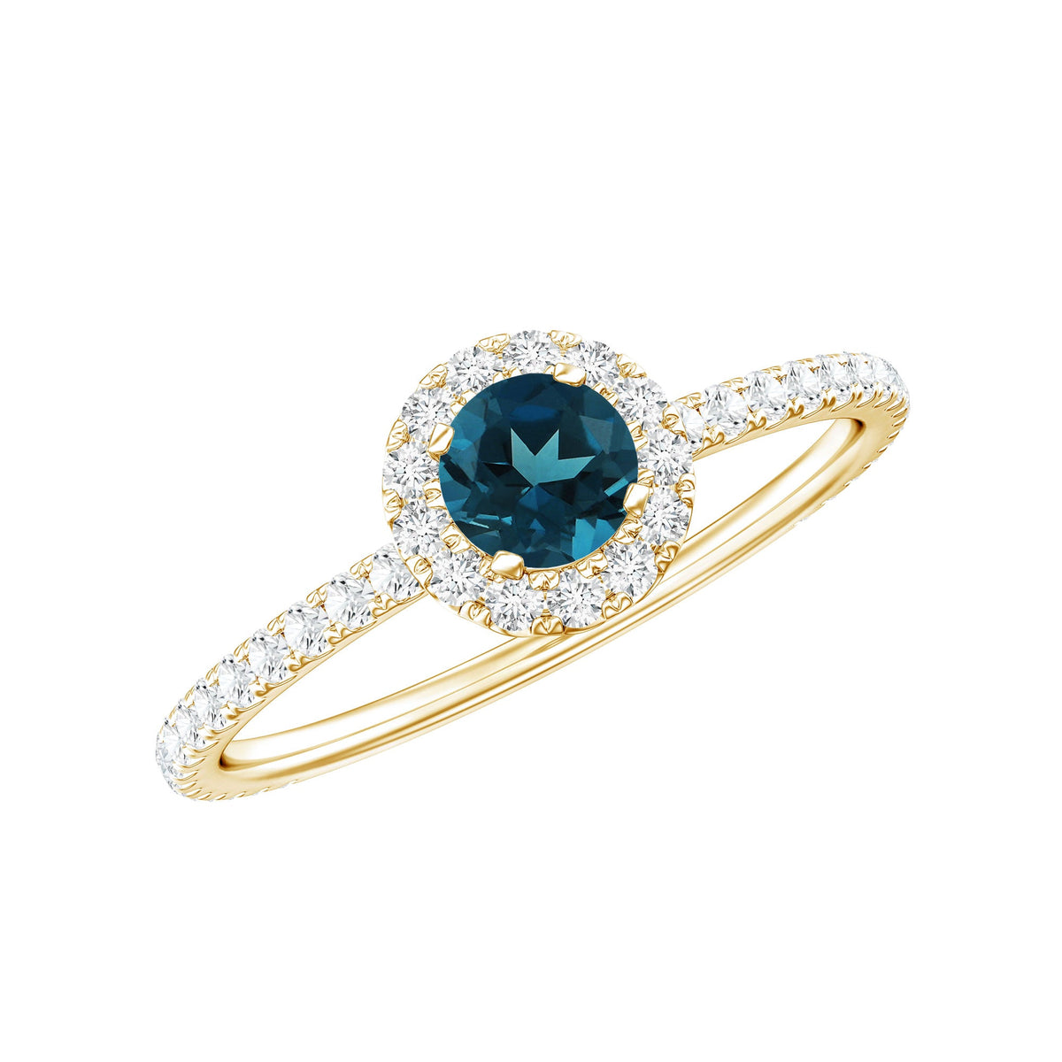 Anillo de compromiso minimalista con topacio azul de talla redonda y diamantes