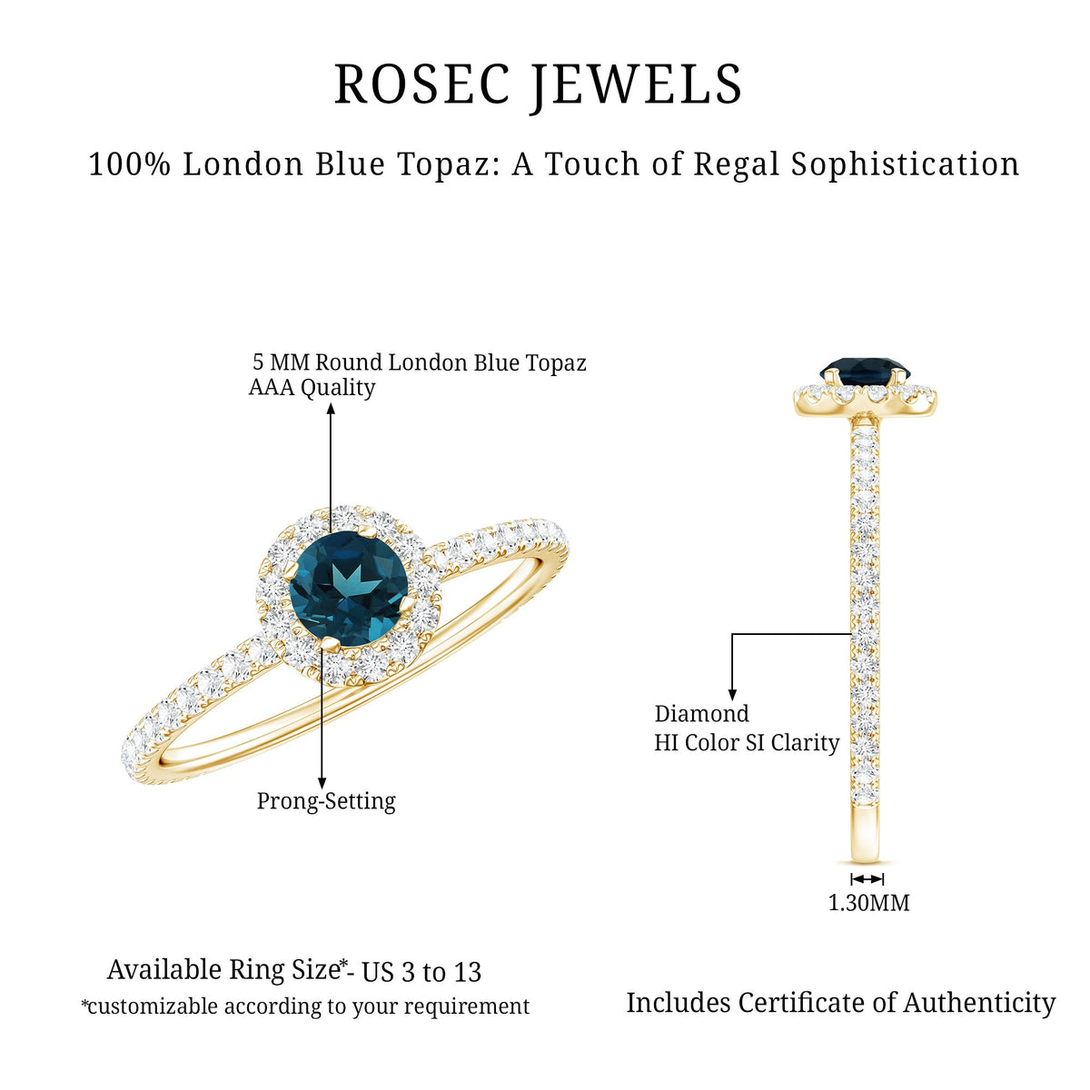 Anillo de compromiso minimalista con topacio azul de talla redonda y diamantes