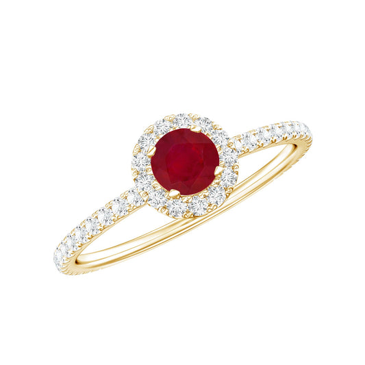 Anillo de compromiso de rubí real de 0,6 quilates con halo de diamantes