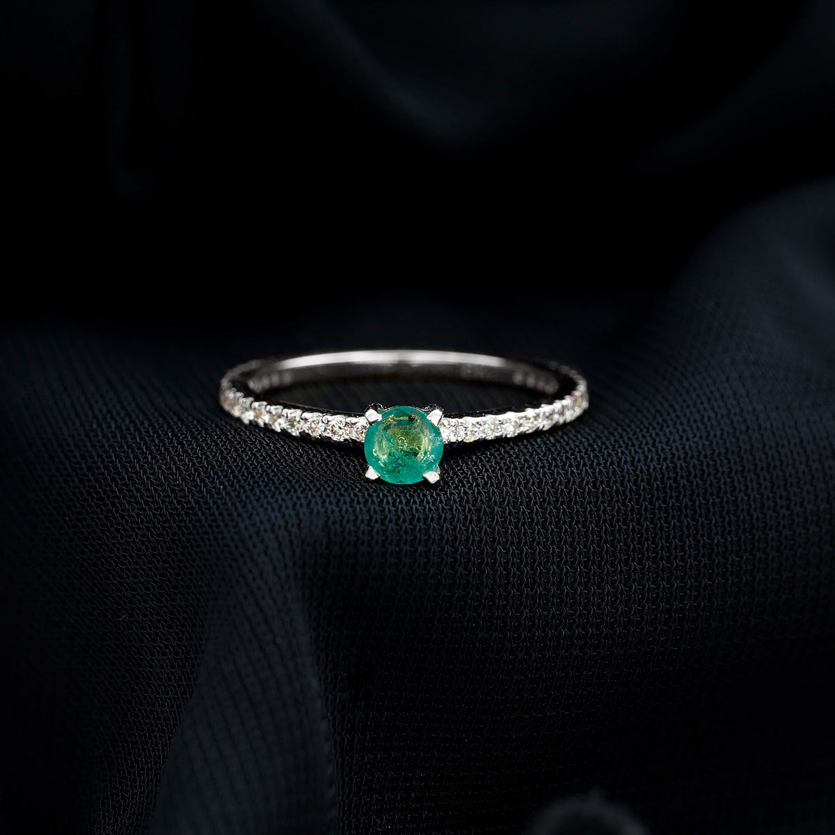 0.49 Carat Emerald Dainty Solitaire Ring with French Pave Set Diamond