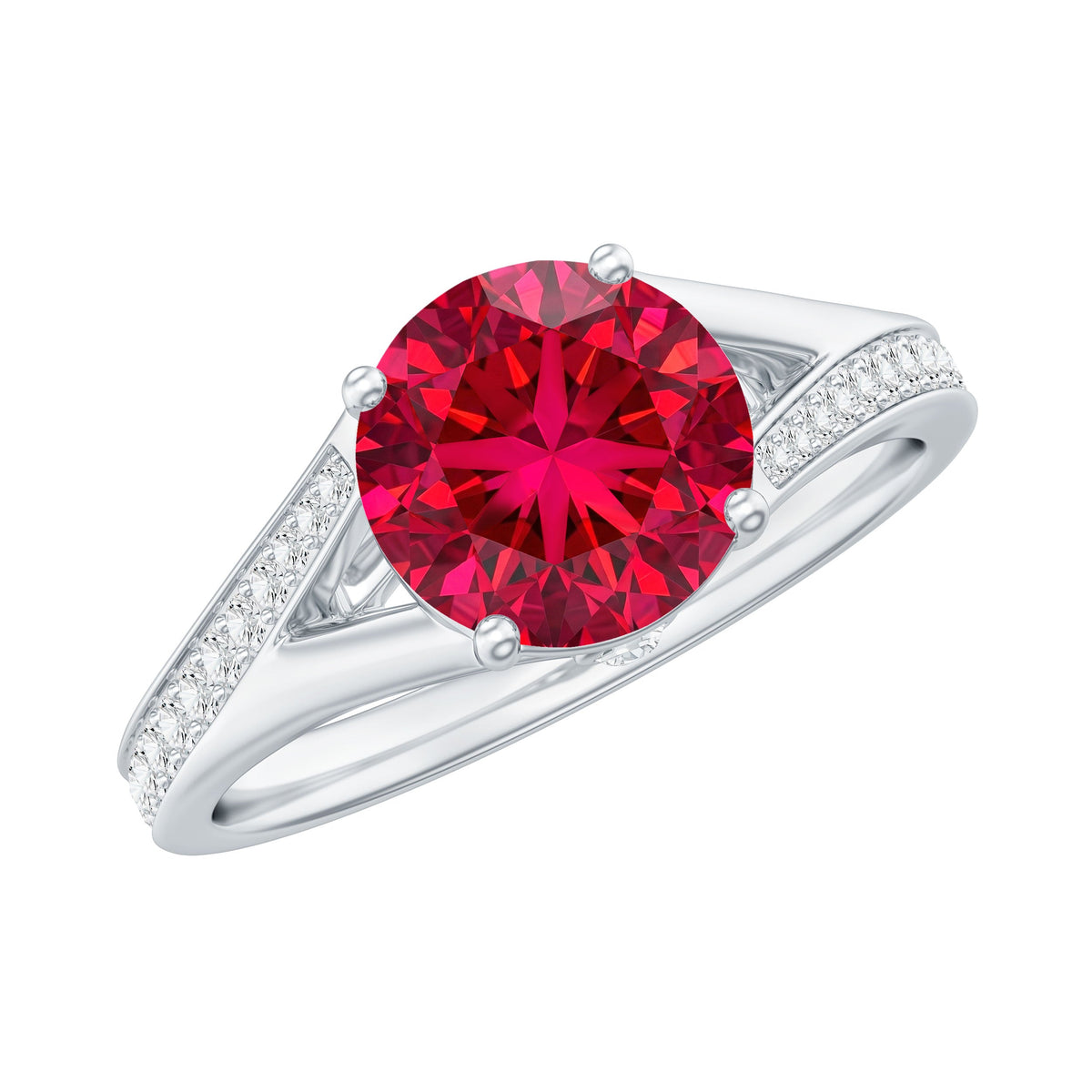 Anillo de compromiso de rubí y diamante creado en laboratorio con vástago dividido