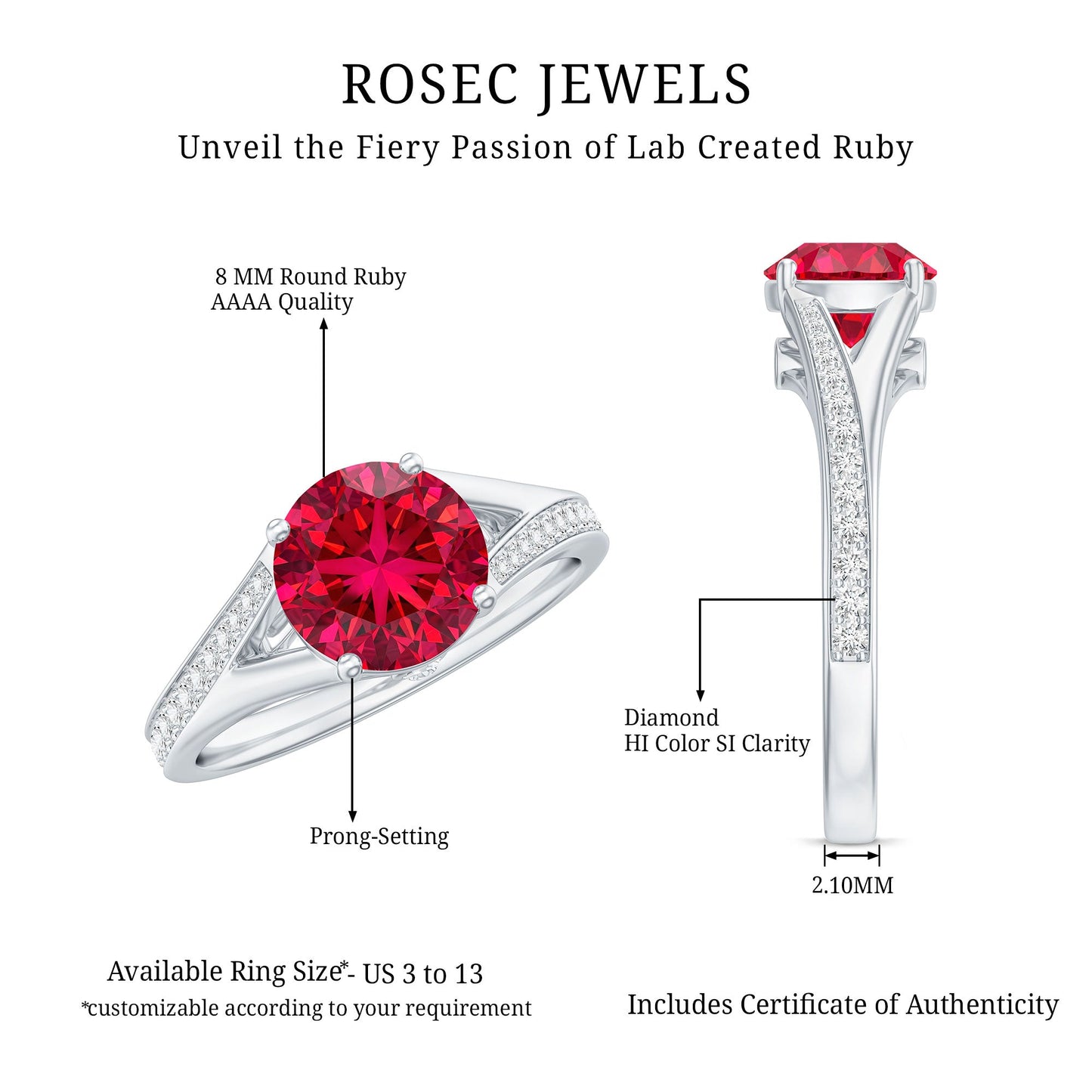 Anillo de compromiso de rubí y diamante creado en laboratorio con vástago dividido