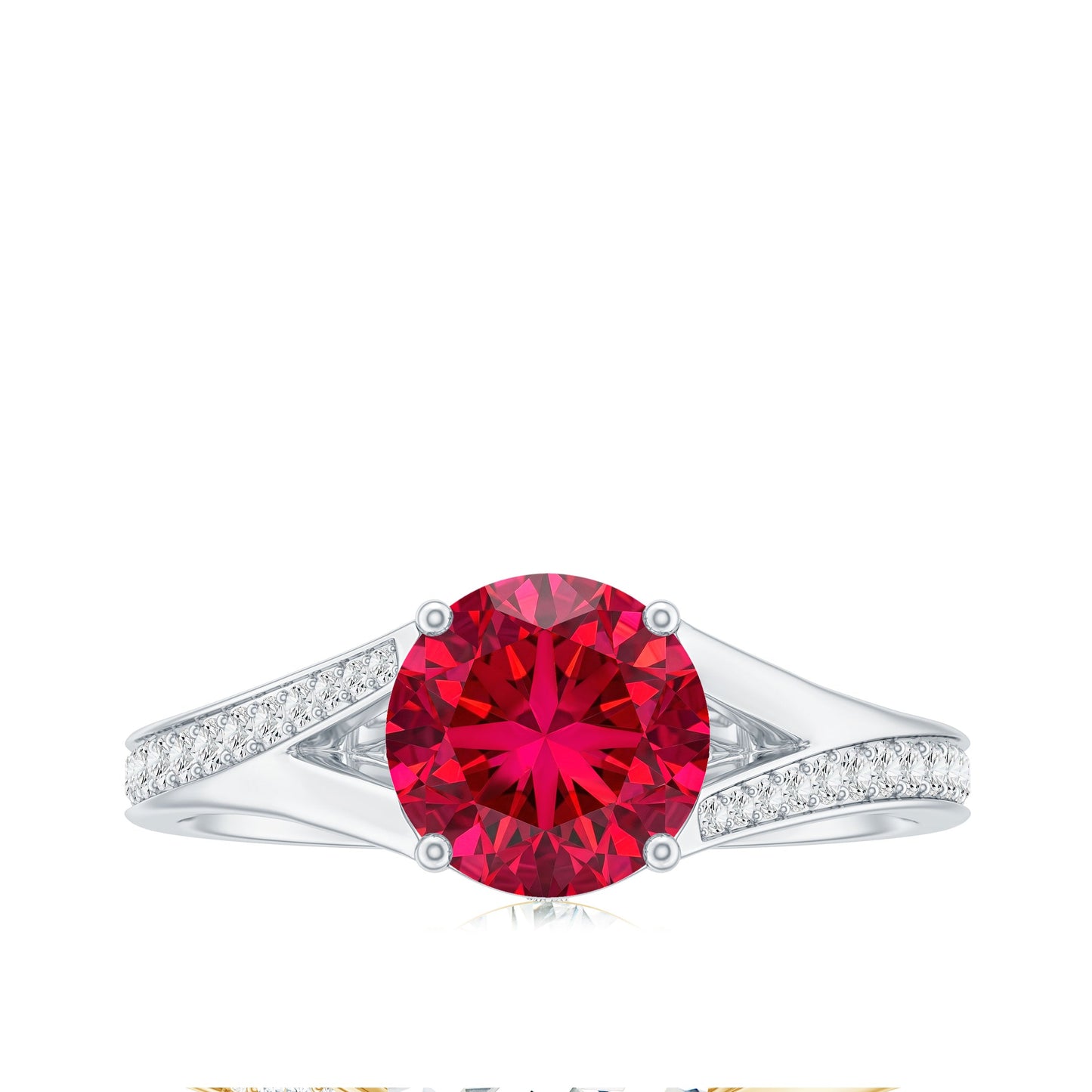 Anillo de compromiso de rubí y diamante creado en laboratorio con vástago dividido