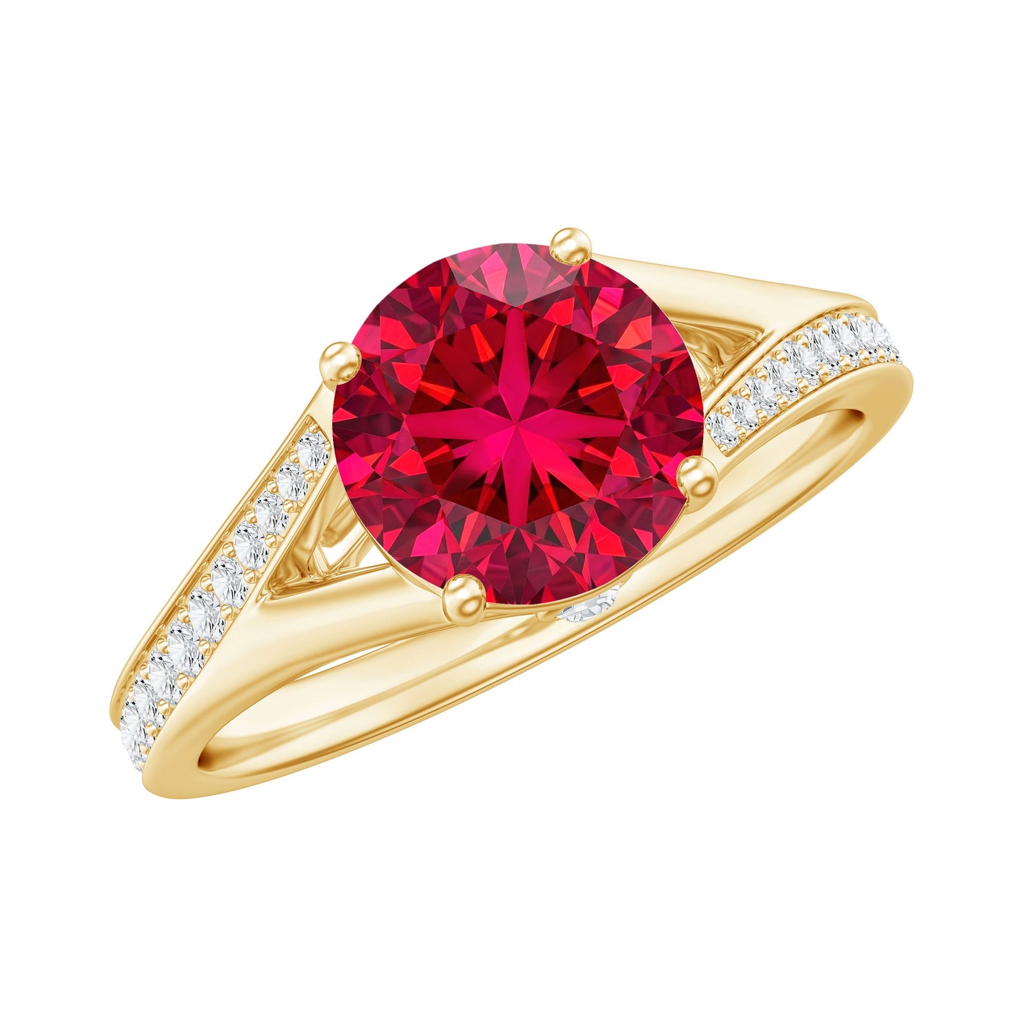 Anillo de compromiso de rubí y diamante creado en laboratorio con vástago dividido