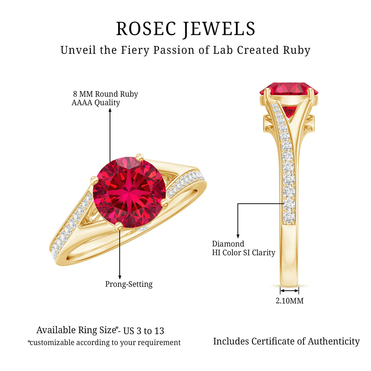Anillo de compromiso de rubí y diamante creado en laboratorio con vástago dividido