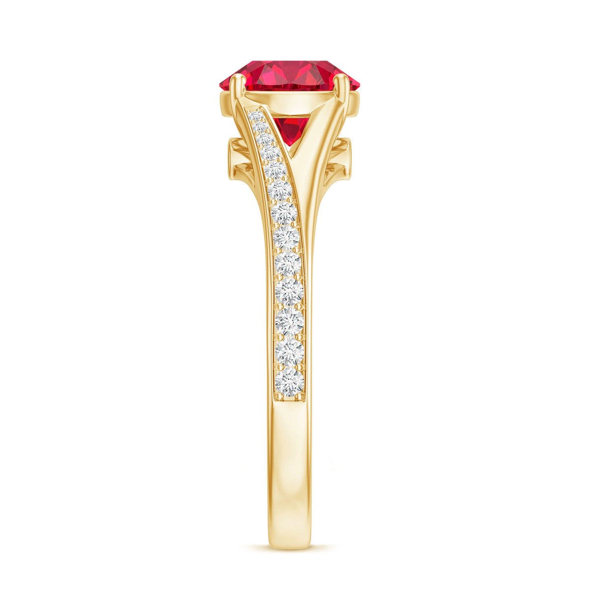 Anillo de compromiso de rubí y diamante creado en laboratorio con vástago dividido