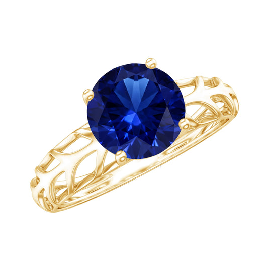 Anillo solitario de zafiro azul creado en laboratorio de calidad AAAA con vástago de filigrana