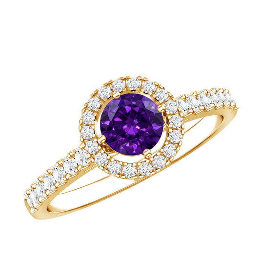 Anillo de promesa de amatista genuina con halo de diamantes