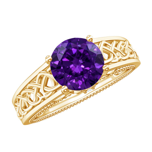 Anillo de compromiso celta de amatista de 1,2 quilates con diamante sorpresa, estilo vintage