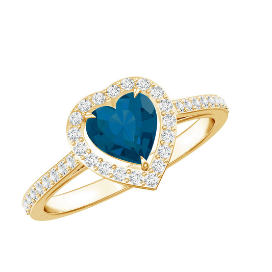Anillo de Compromiso de Topacio London Blue en Forma de Corazón con Halo de Diamantes