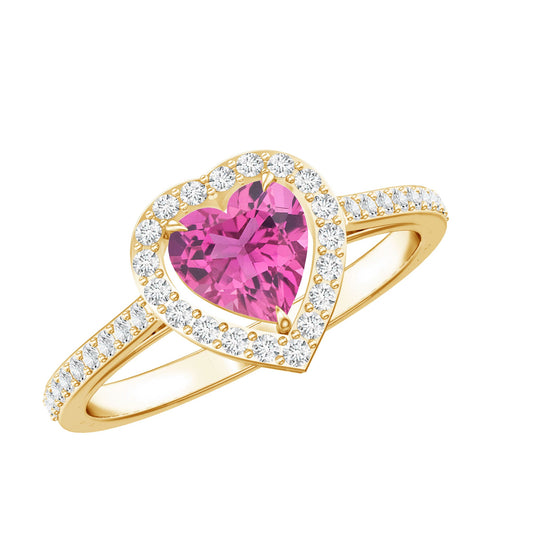 Anillo de compromiso con turmalina rosa en forma de corazón y halo de diamantes