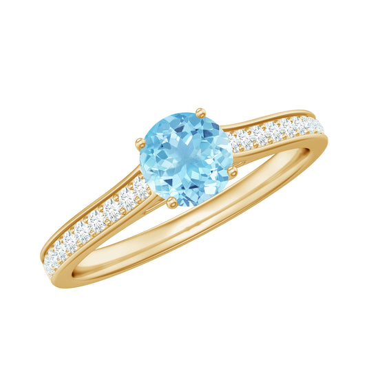 Anillo de Solitario de Aguamarina Genuina Certificada con Piedras Laterales de Diamantes