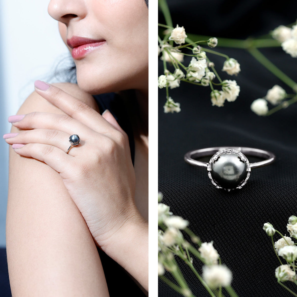 Anillo de compromiso con perla negra de Tahití genuina, seleccionado a mano