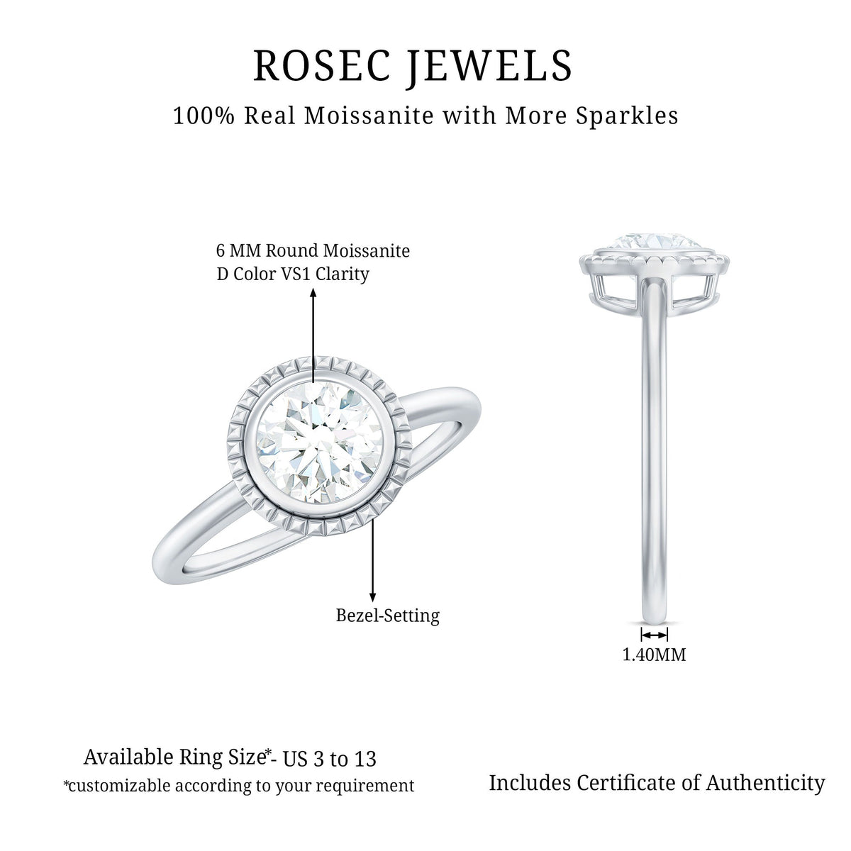 Anillo de compromiso solitario de moissanita redonda de 0,9 quilates con engaste de bisel
