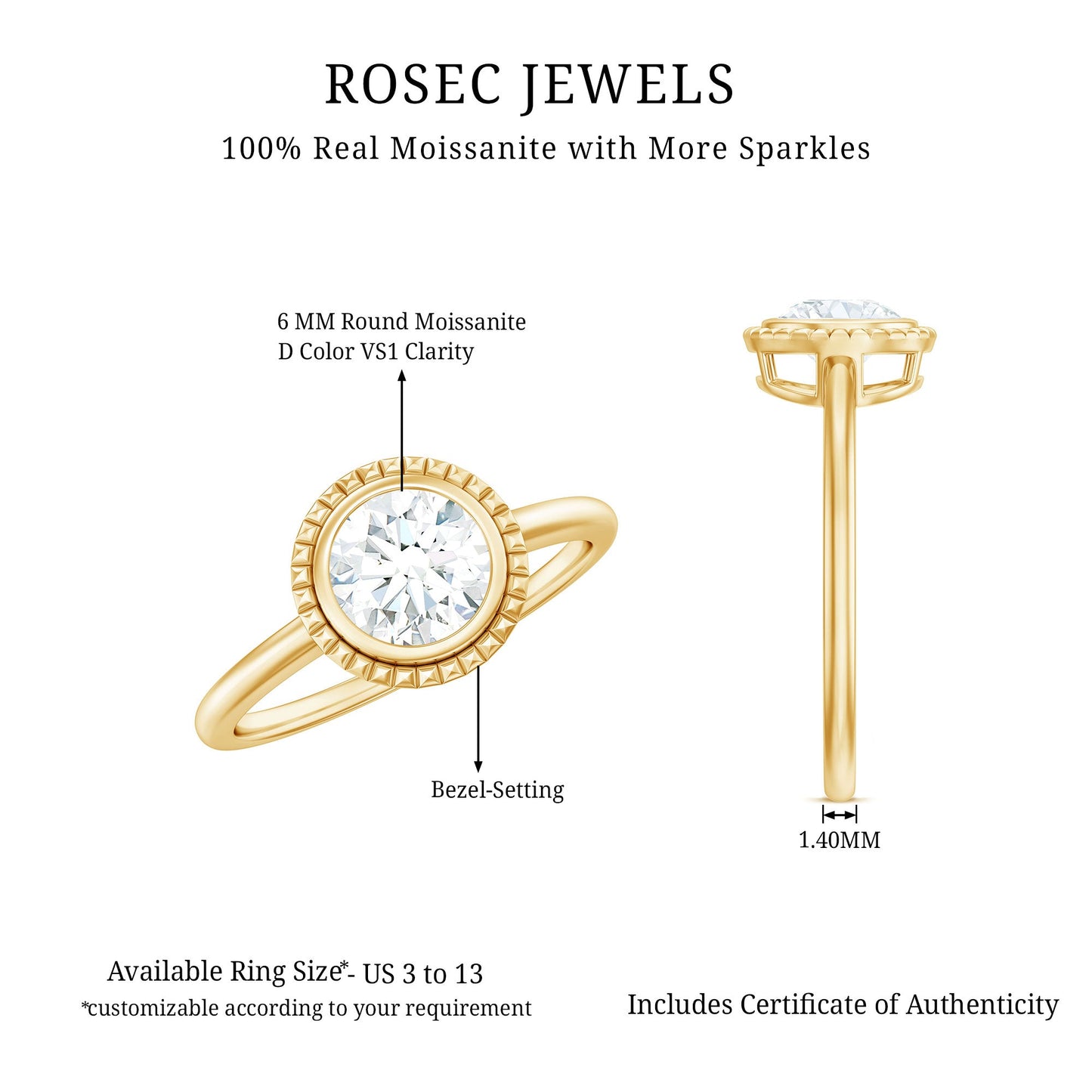 Anillo de compromiso solitario de moissanita redonda de 0,9 quilates con engaste de bisel