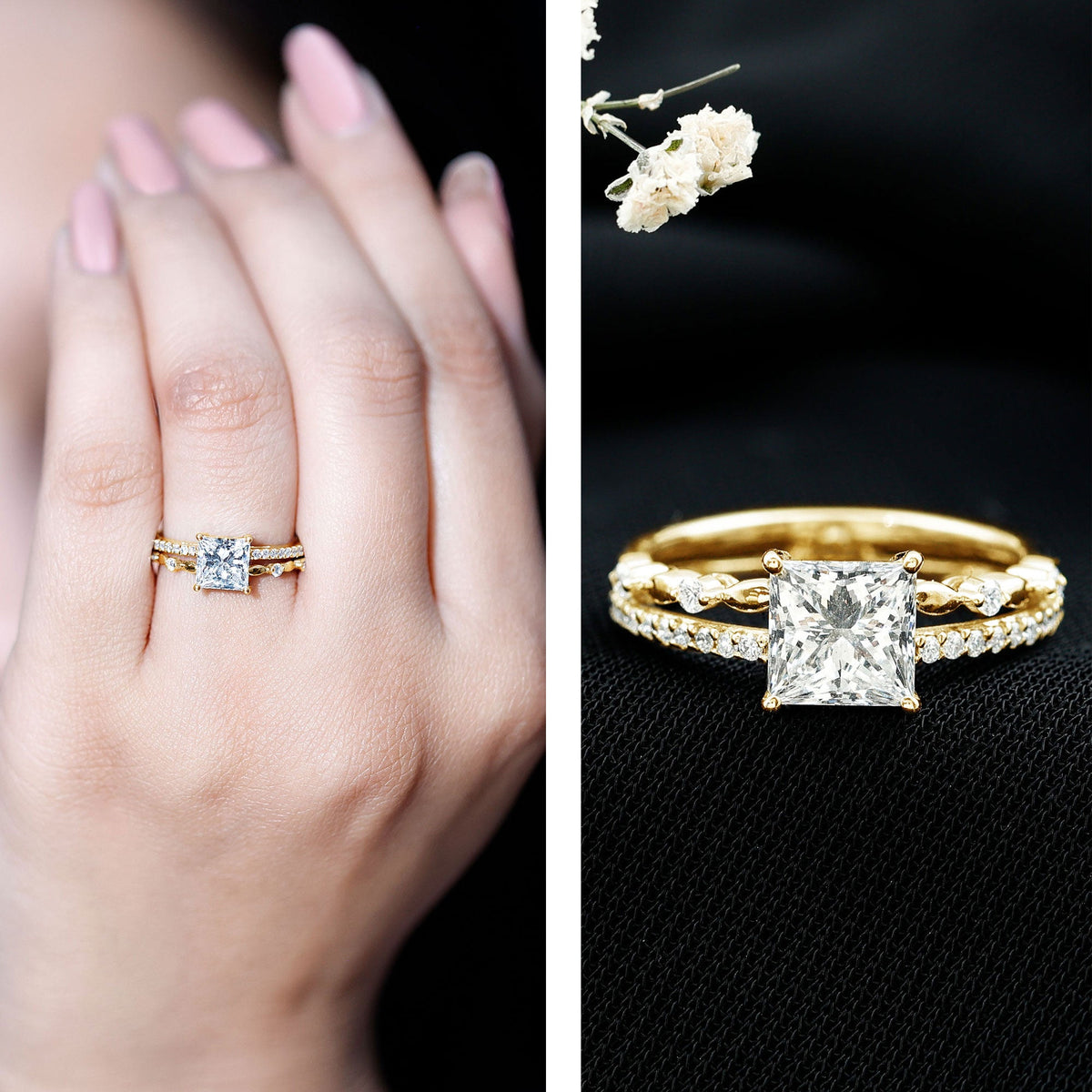Anillo de compromiso de moissanita talla princesa con certificado