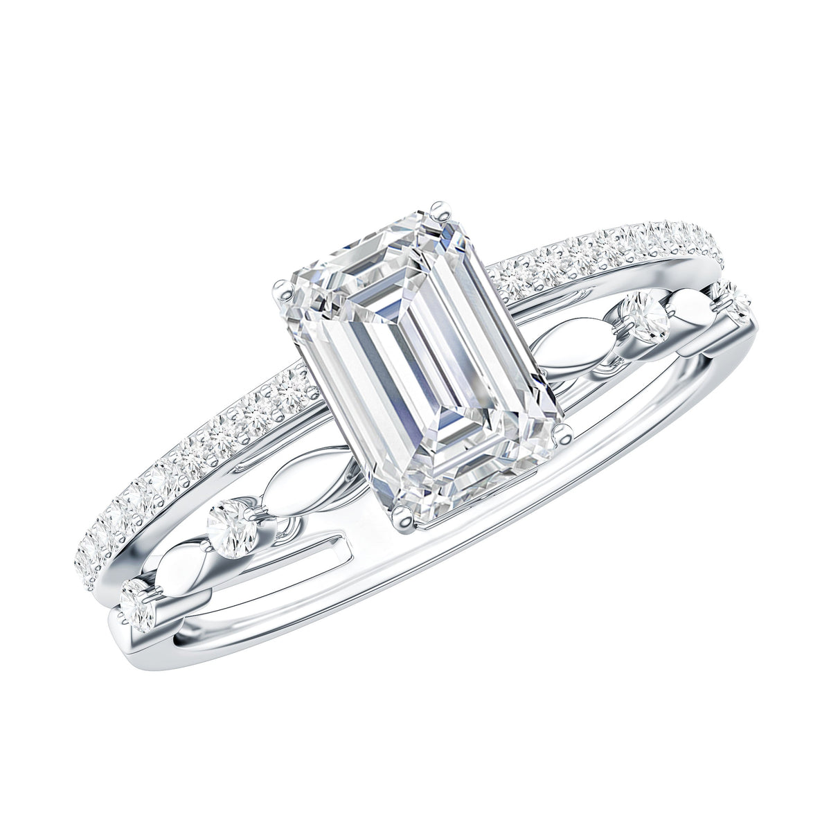 1.8 Carat Emerald Cut Moissanite Solitaire Engagement Double Band Ring