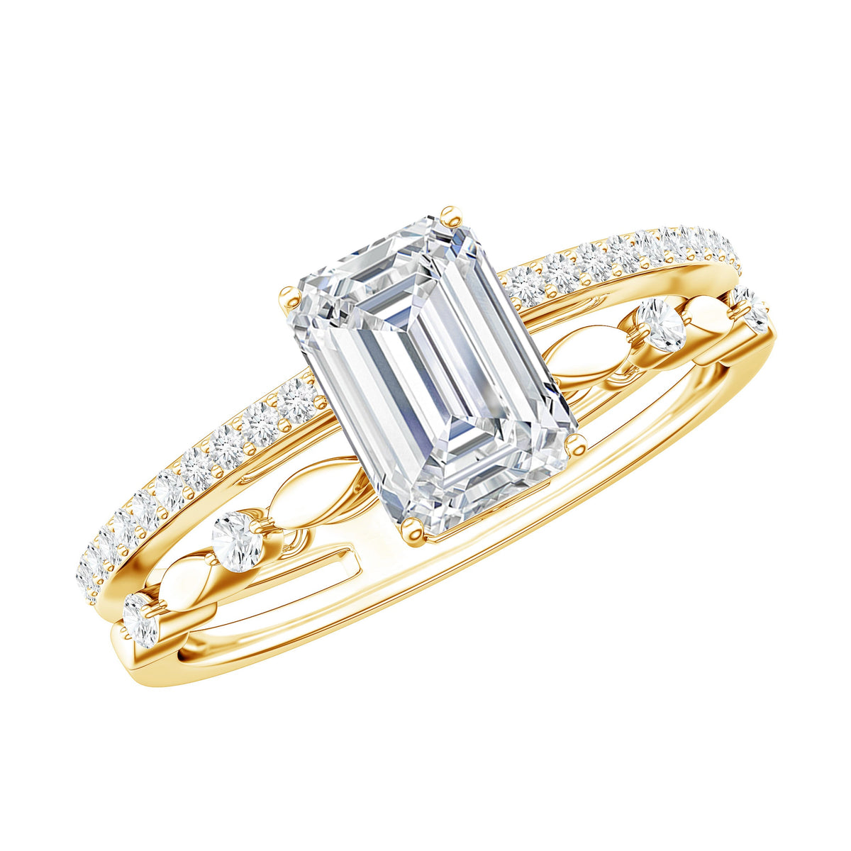 1.8 Carat Emerald Cut Moissanite Solitaire Engagement Double Band Ring