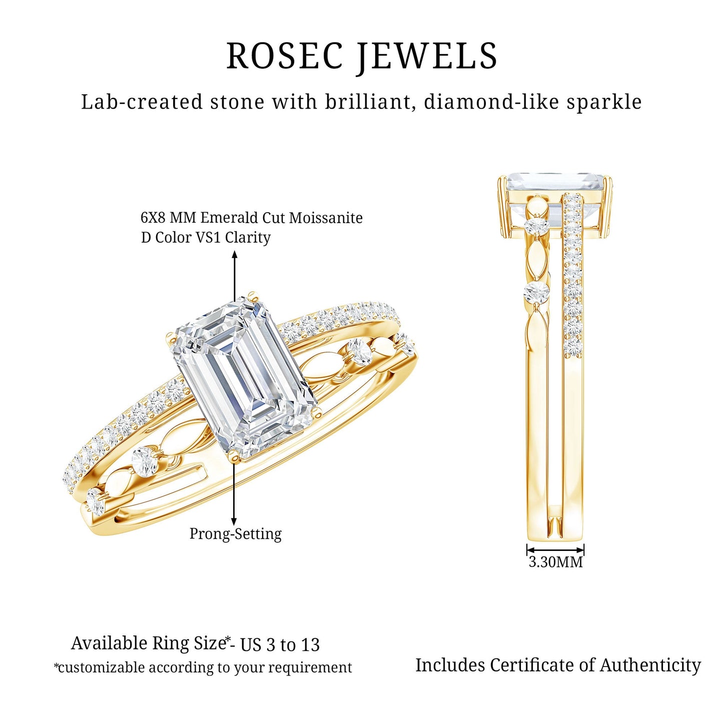 1.8 Carat Emerald Cut Moissanite Solitaire Engagement Double Band Ring