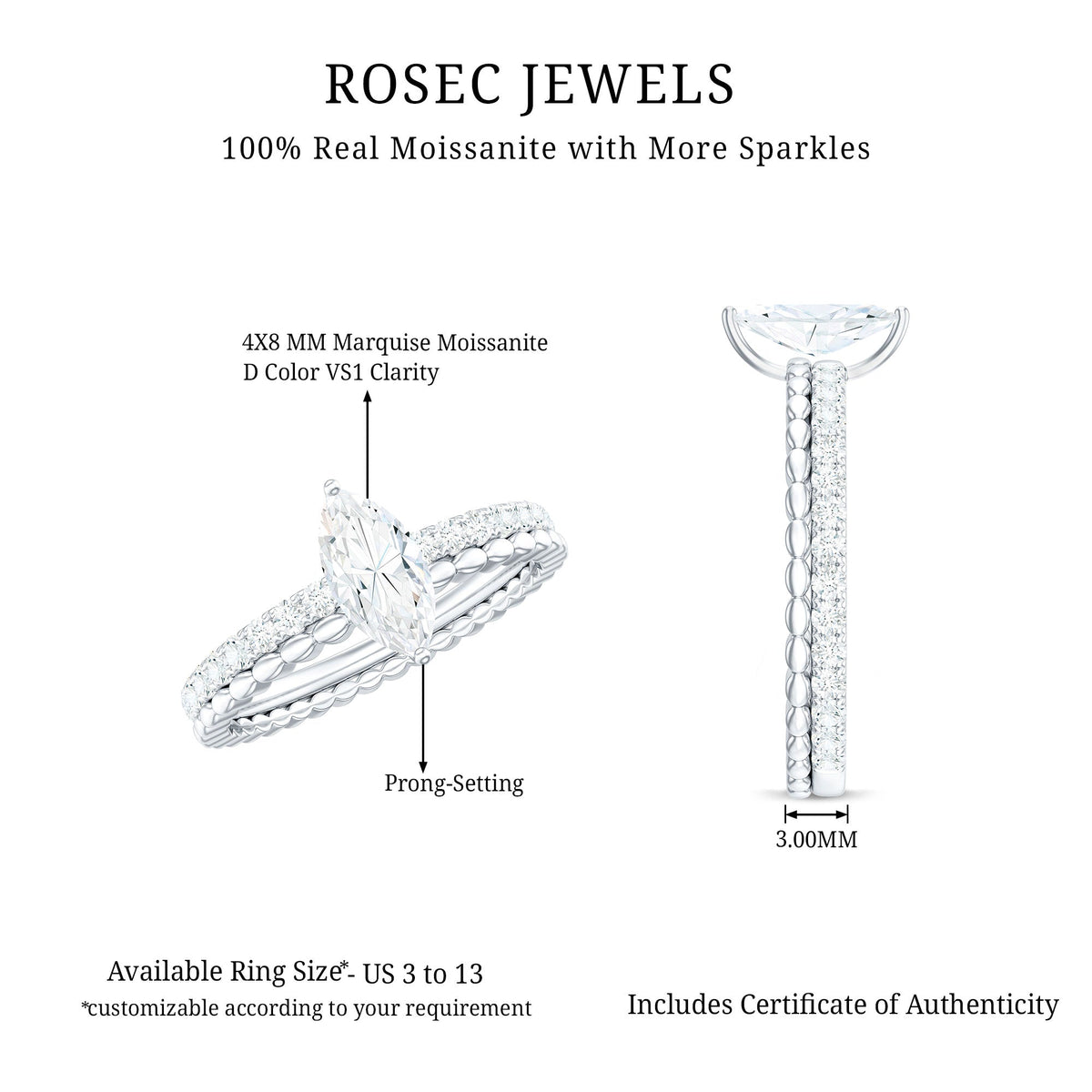 Anillo de compromiso solitario de moissanita con corte marquesa