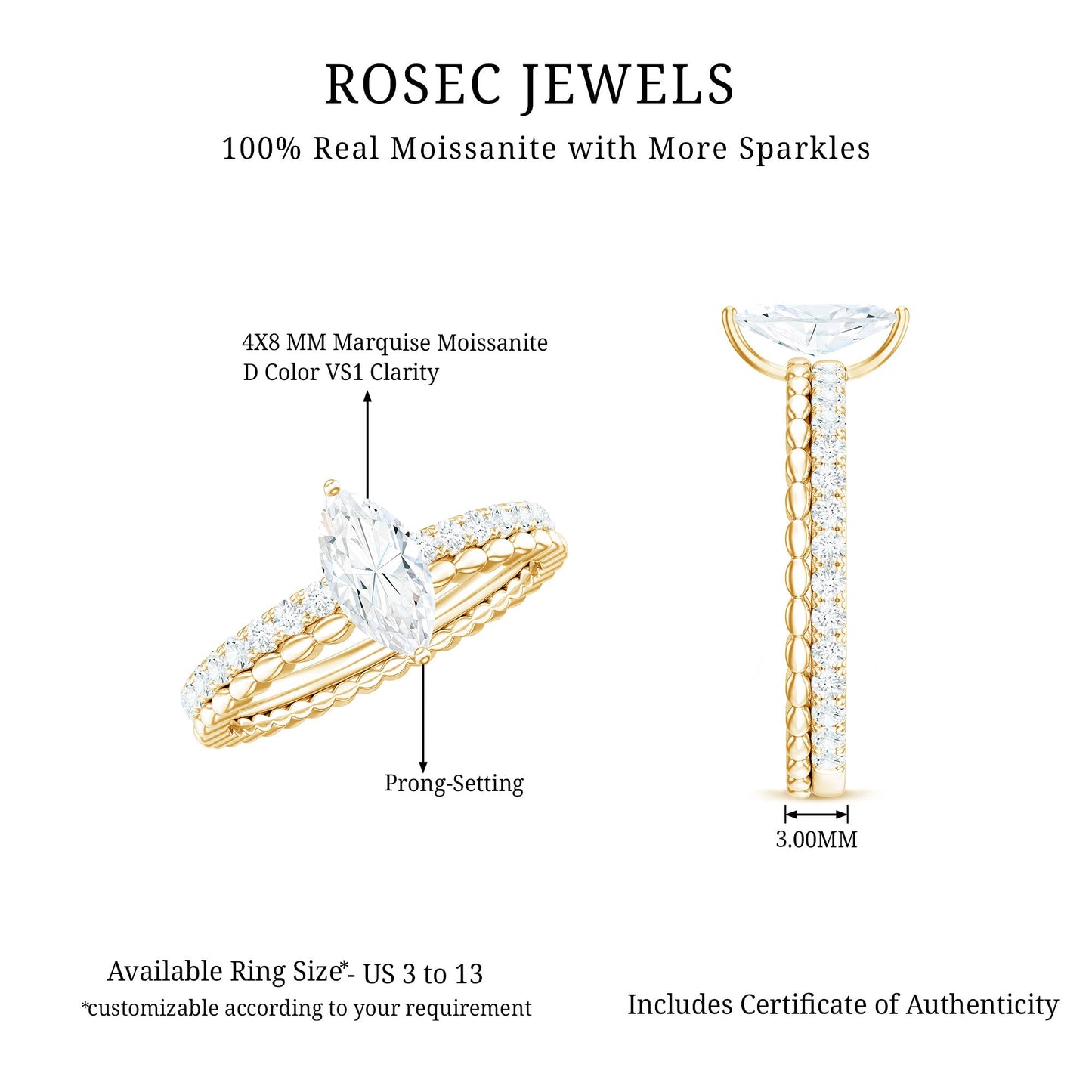 Anillo de compromiso solitario de moissanita con corte marquesa