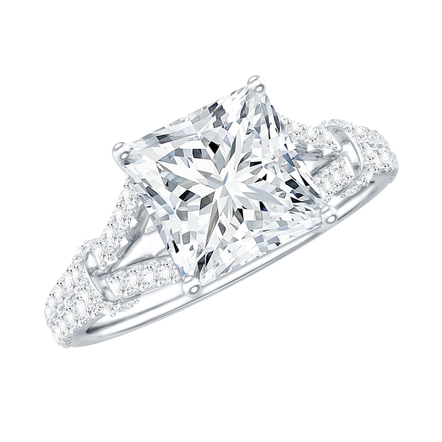 Anillo de compromiso solitario de moissanita de 3 quilates talla princesa con brazo dividido