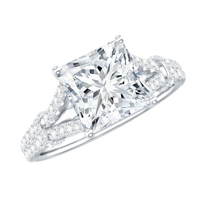 Anillo de compromiso solitario de moissanita de 3 quilates talla princesa con brazo dividido