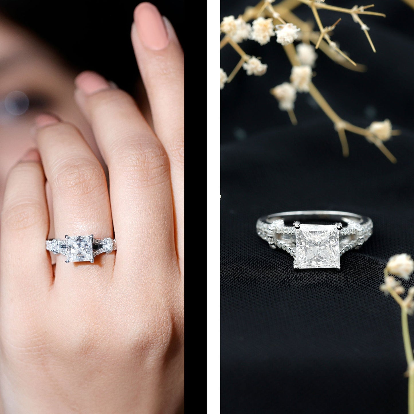 Anillo de compromiso solitario de moissanita de 3 quilates talla princesa con brazo dividido