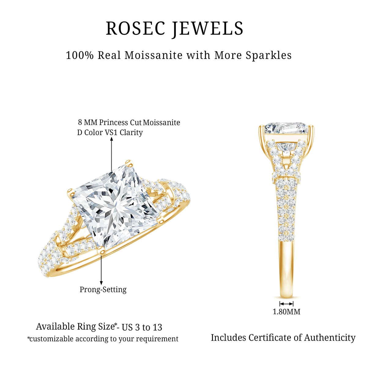 Anillo de compromiso solitario de moissanita de 3 quilates talla princesa con brazo dividido